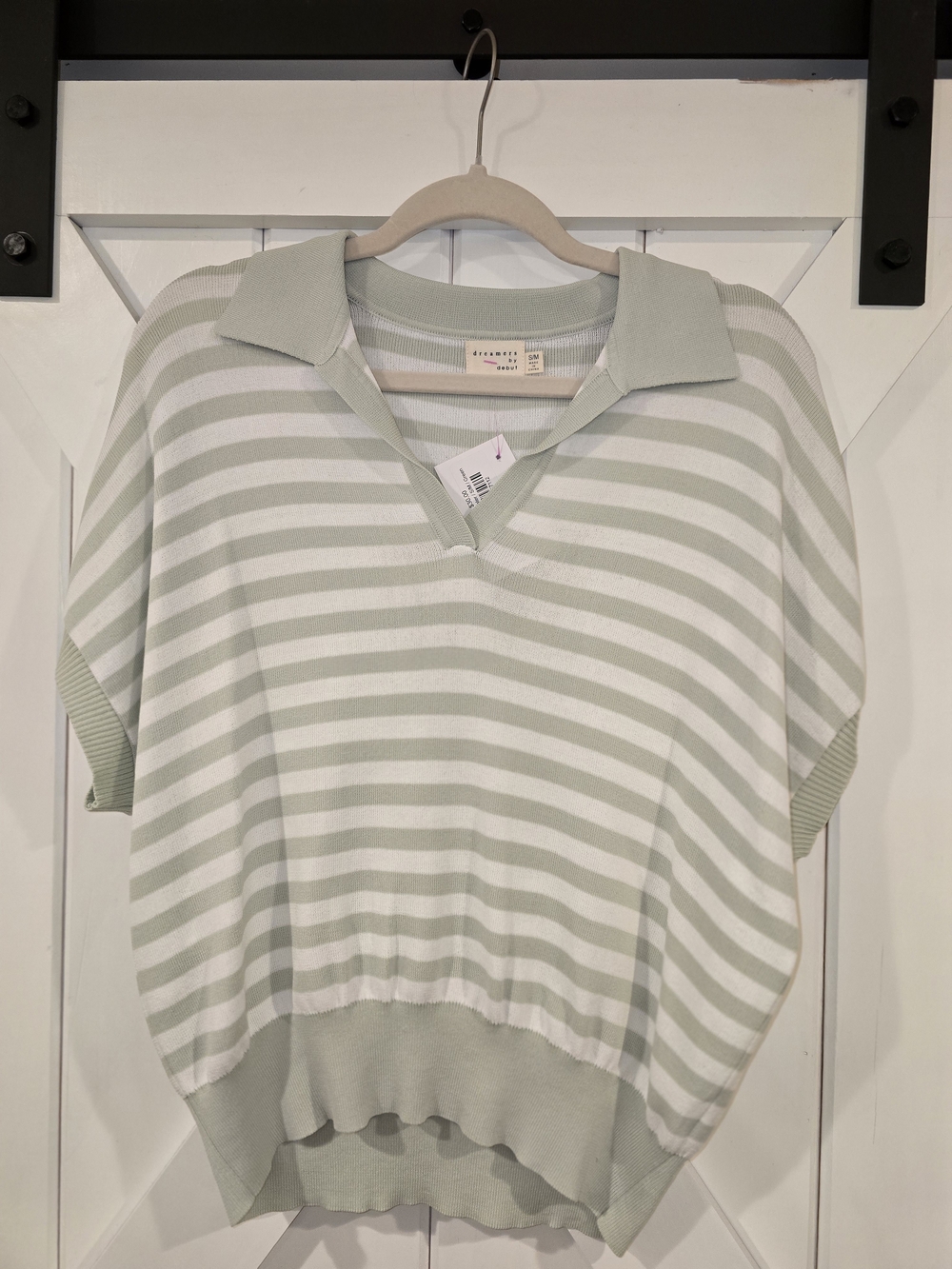 Crewelane Striped Sage and White Short-Sleeve Polo Top